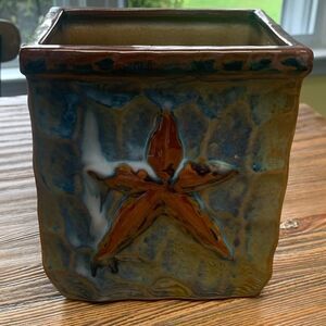 Pier 1 Ceramic Art Planter in Brown and Blue with Star Design